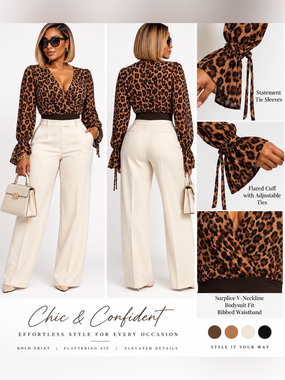 NWT Leopard Print Long Sleeve One-Piece Bodysuit - Brown/Black - Picture 4 of 8